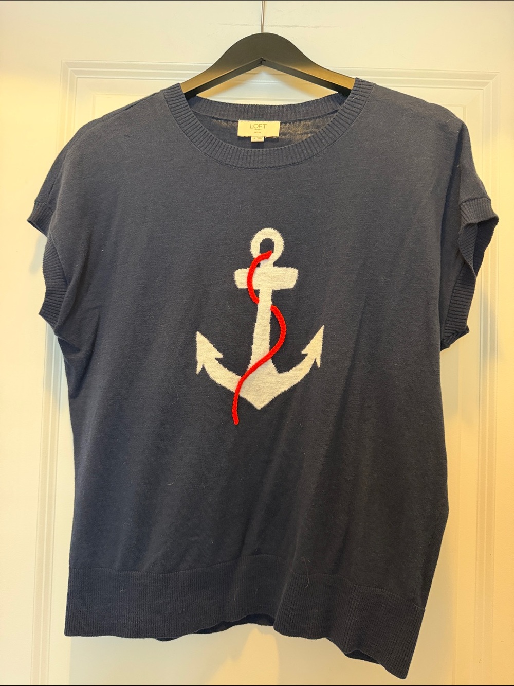 LOFT Navy Knit Top with White Anchor and Red Rope